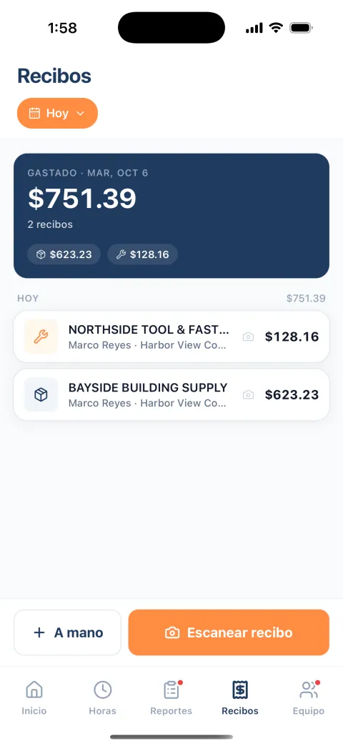 La pantalla Recibos del dueño, con lo de hoy: $751.39 gastados en 2 recibos. Northside Tool & Fastener, $128.16, y Bayside Building Supply, $623.23, los dos registrados por Marco Reyes para Harbor View Condos.