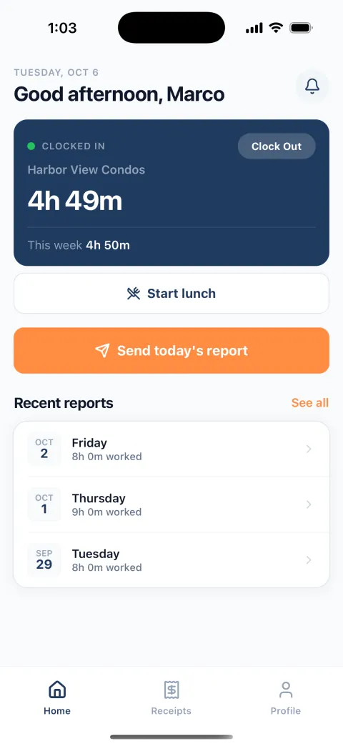 A crew member’s Home screen in English. Good afternoon, Marco. Clocked in at Harbor View Condos, 4 hours 49 minutes; this week 4 hours 50 minutes. Buttons: Clock Out, Start lunch, Send today’s report. Recent reports listed below.